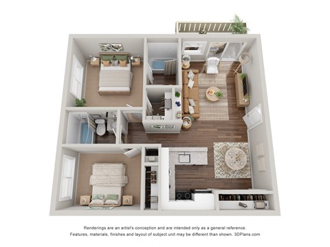 Floor plan for 2 beds, 2 baths, 1000 sqft